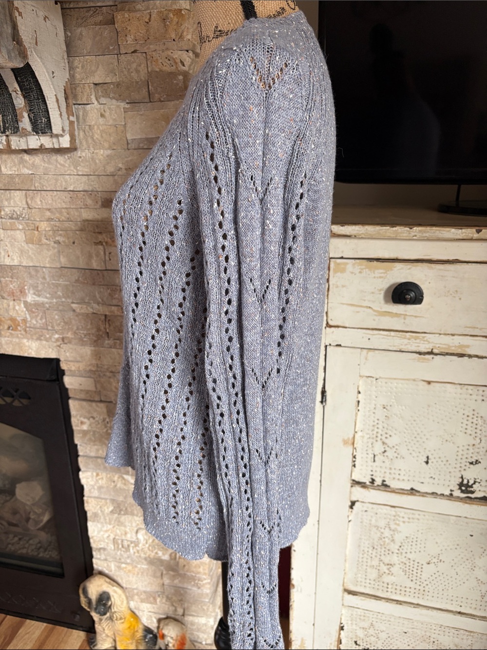 Spartina Shelby linen blend blue gray open knit pull over lightweight sweater - Picture 7 of 15